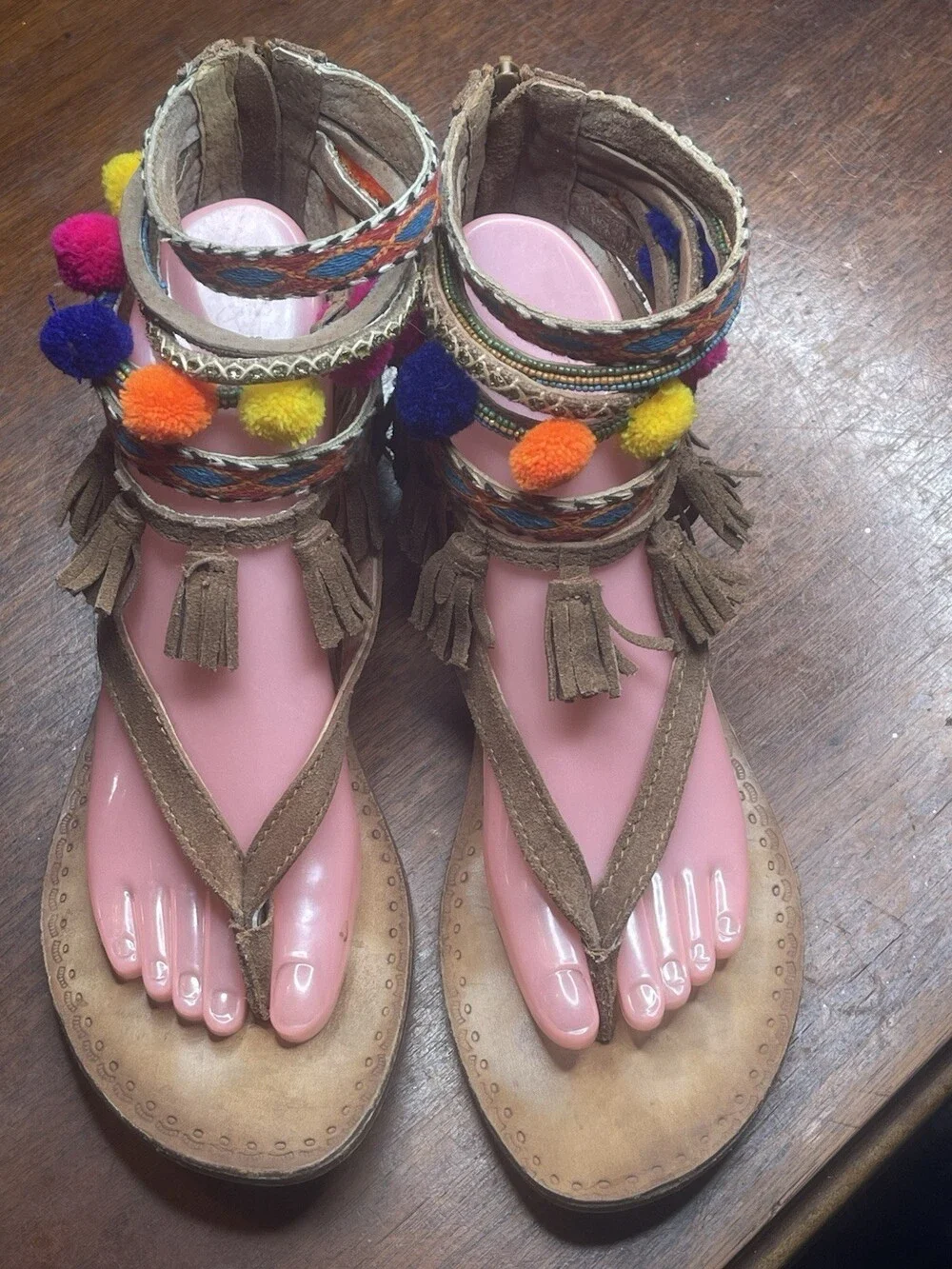 Naughty Monkey Seed Beaded Brown Suede T-Strap Gladiator Sandals Tribal Size 9M